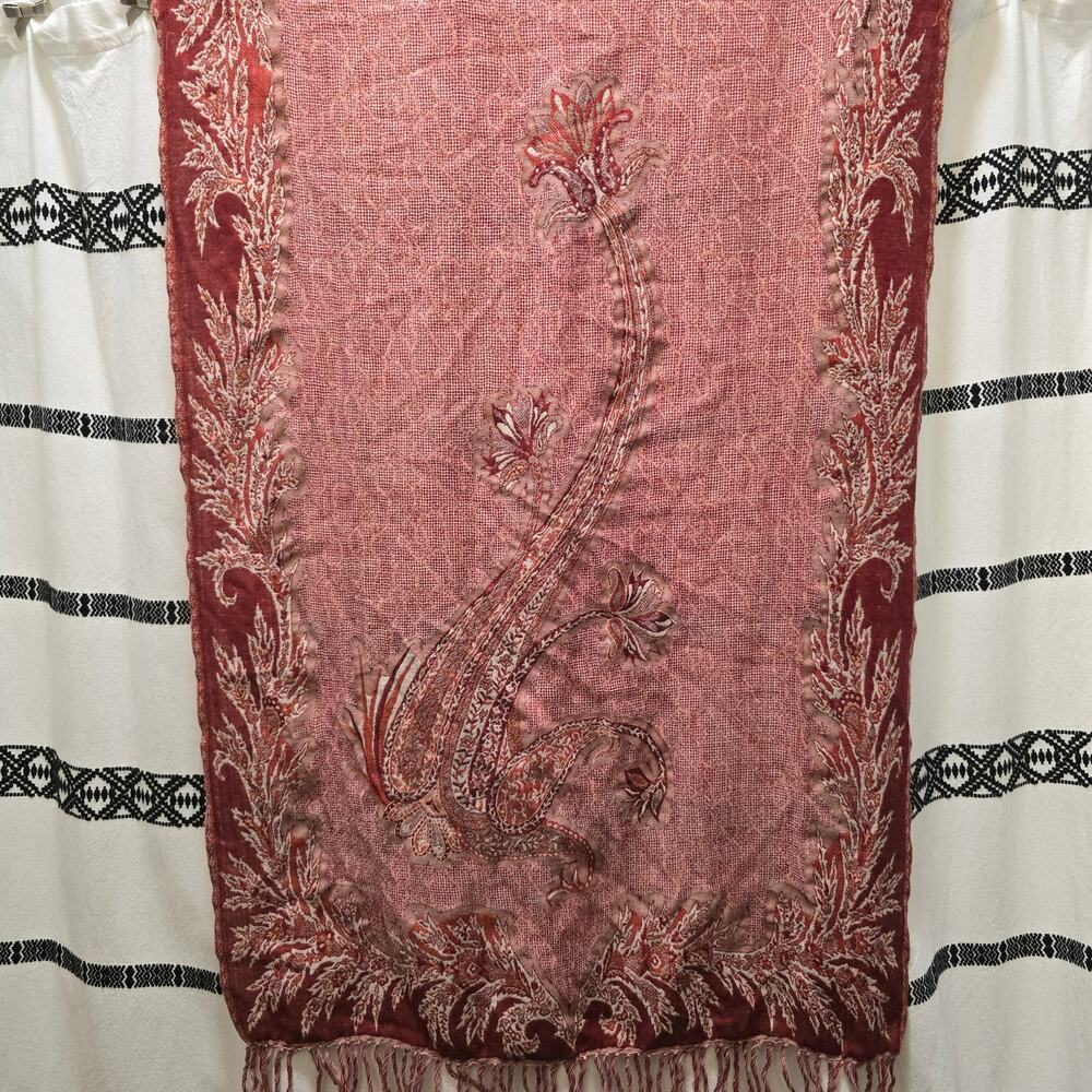 Beautiful wool like woven red and cream paisley fringe scarf wrap shawl